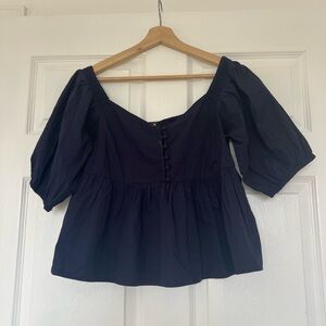 Free People Women's Dark Blue Crop Top Short Sleeve Size Small Babydoll Boho
